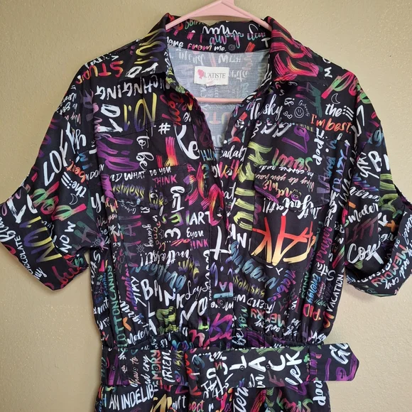 L'atiste Colorful Graffiti Print Full Length Belted Mechanic Style Jumpsuit - Picture 8 of 16